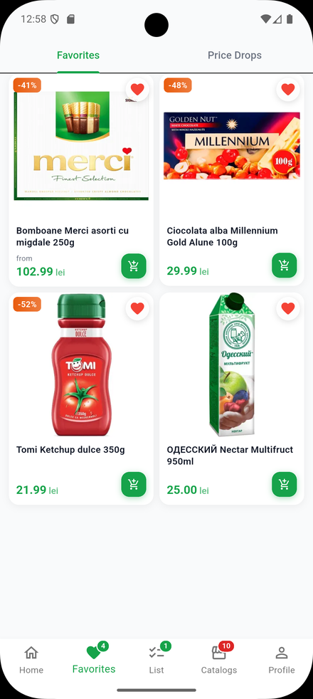 Favorited products and tracked deals in redu
